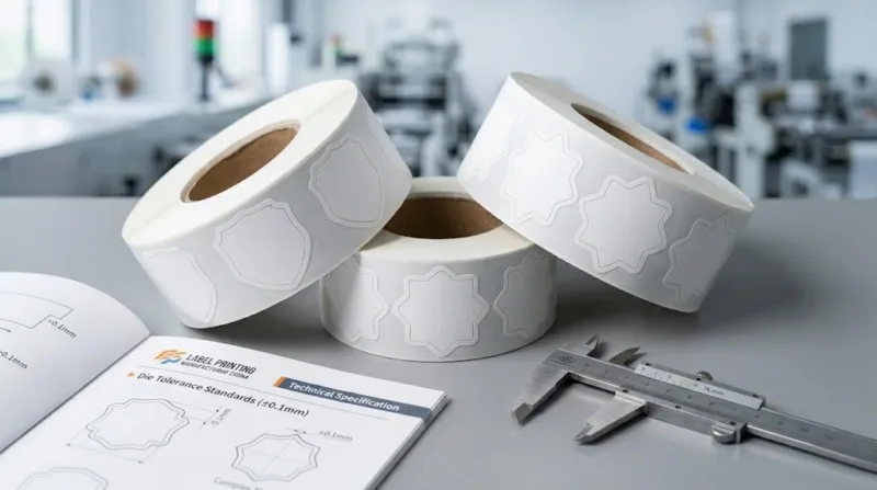 Finished Custom Die Cut Label Rolls On A 3 Inch Core Next To A Precision Caliper In A Quality Control Environment.