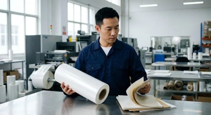 Focused Chinese Technician Comparing Synthetic Bopp Film And Paper Material Samples In A Clean Label Manufacturing Facility. 副本
