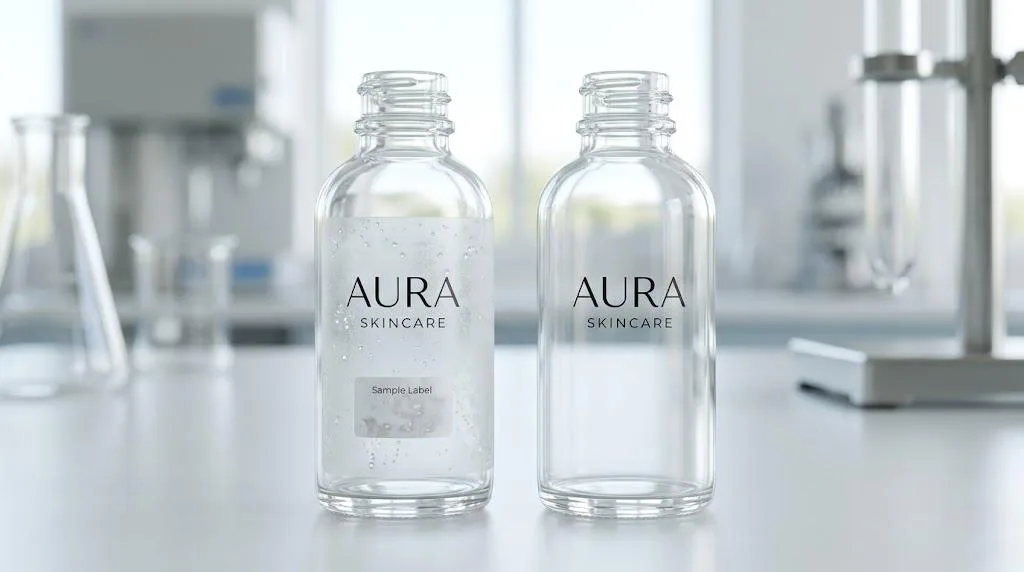 Macro Comparison Of Frosting Effect Versus Crystal Clear Finish On Clear Labels Applied To Glass Containers.