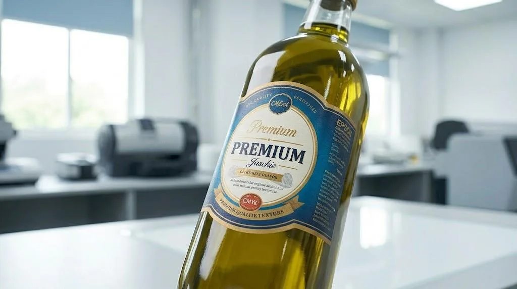 Macro Shot Of A Physical Press Proof Label On A Glass Bottle Showing Precise Die Cutting And Ink Texture On A High Quality Substrate.