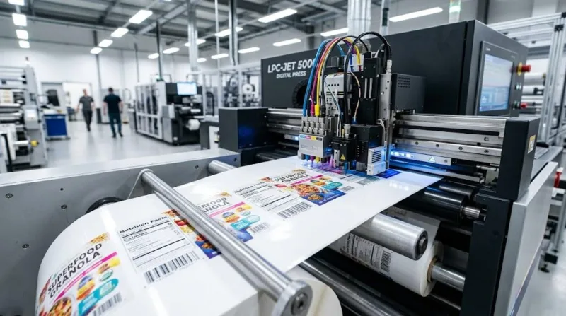 Macro Shot Of An Industrial Digital Press Printing High Precision Nutrition Facts Labels On A Continuous Roll In A Clean Factory.