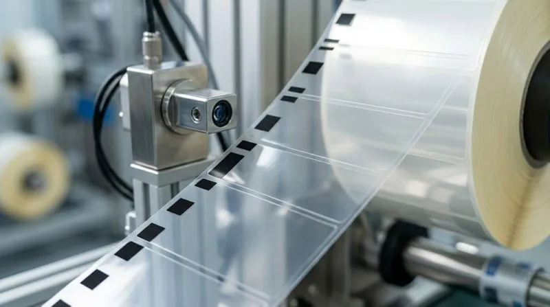 Macro Shot Of Clear Labels On A Pet Liner Featuring Printed Black Sensor Marks For Automated Detection.