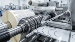 Macro Shot Of High Speed Rotary Die Cutting Process For Tapered Honey Jar Labels.