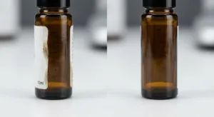 Macro Side By Side Comparison Of A Peeling Oil Soaked Paper Label Versus A Durable Waterproof Pet Label On Amber Glass Bottles. 副本