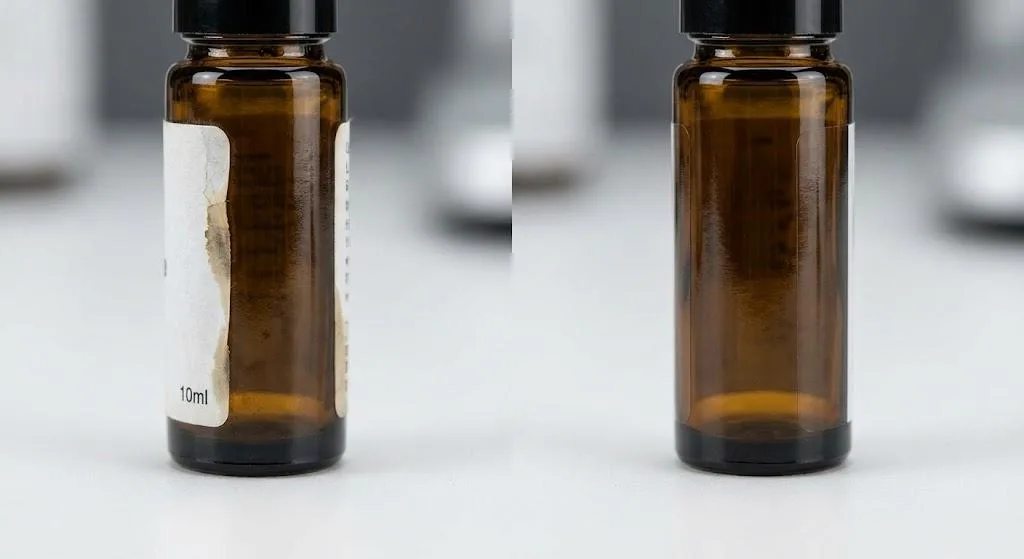 Macro Side By Side Comparison Of A Peeling Oil Soaked Paper Label Versus A Durable Waterproof Pet Label On Amber Glass Bottles. 副本