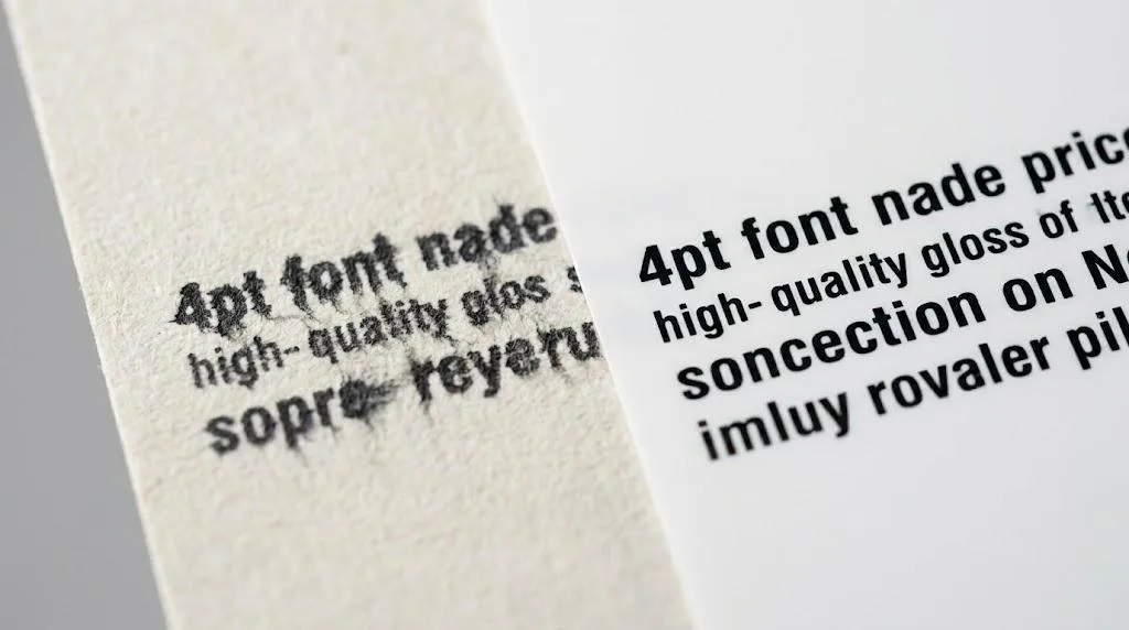 Macro Side By Side Comparison Showing The Effect Of Dot Gain On Small Fonts Between Textured Paper And High Quality Synthetic Film.
