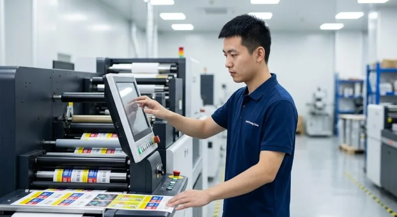 Professional Technician Adjusting High Tech Industrial Label Printing Machinery In A Clean Manufacturing Facility.