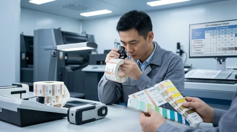 Professional Technician Performing Color Consistency And Lightfastness Quality Check On Product Labels In A Clean Factory Laboratory.