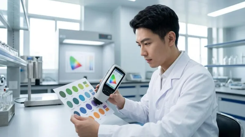 Professional Technician Using A Digital Spectrophotometer To Verify Color Accuracy And Delta E Variance On Custom Oil Resistant Labels. 副本