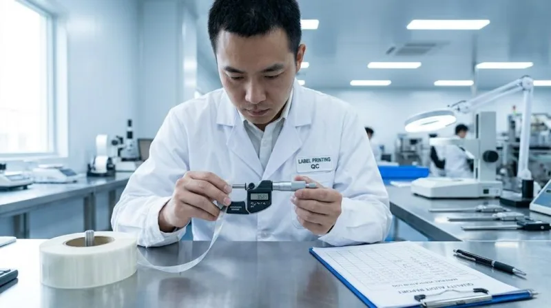 Quality Control Inspector Measuring Label Liner Thickness With A Micrometer During A Pre Press Audit.