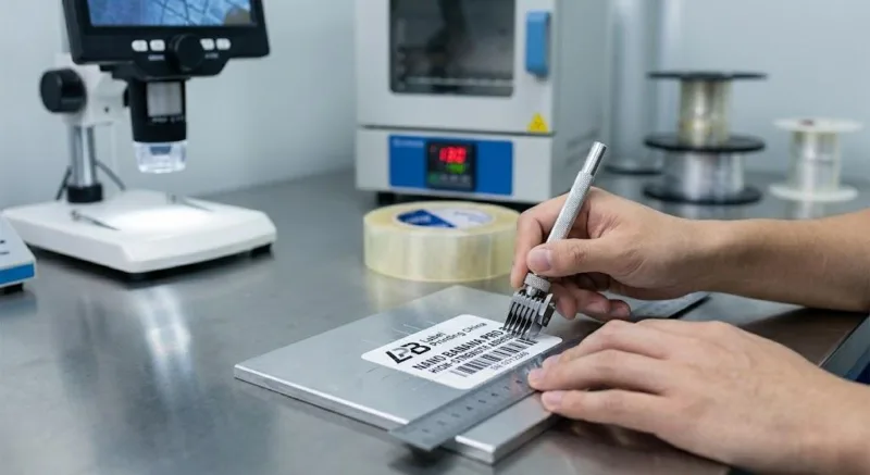 Quality Control Specialist Performing A Cross Hatch Adhesion Test On An Industrial Label In A Professional Lab.