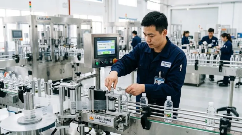 Skilled Technician Adjusting High Speed Labeling Machine Tension In A Clean Professional Factory Setting.