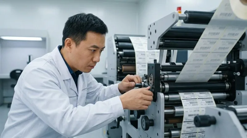 Skilled Technician Adjusting Mechanical Registration Settings On An Industrial Flexographic Printing Press To Ensure Label Precision.