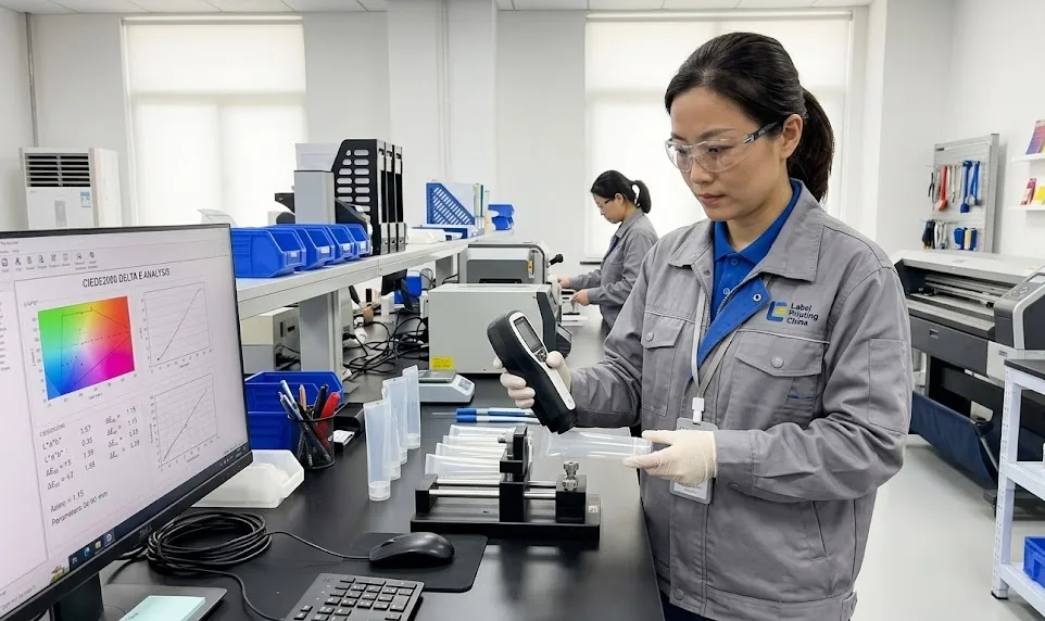 A Chinese Printing Engineer Using A Spectrophotometer To Measure Delta E Color Consistency On A Tran