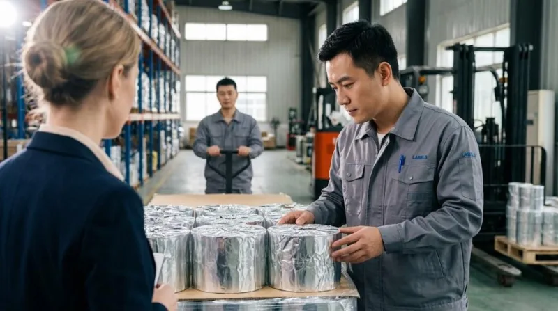 A Chinese Project Manager Showing An International Customer Finished Label Pallets In An Organized Factory Finished Goods Warehouse