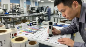 A Chinese Quality Control Engineer Using Precision Tools In An Orderly Label Factory Qc Station