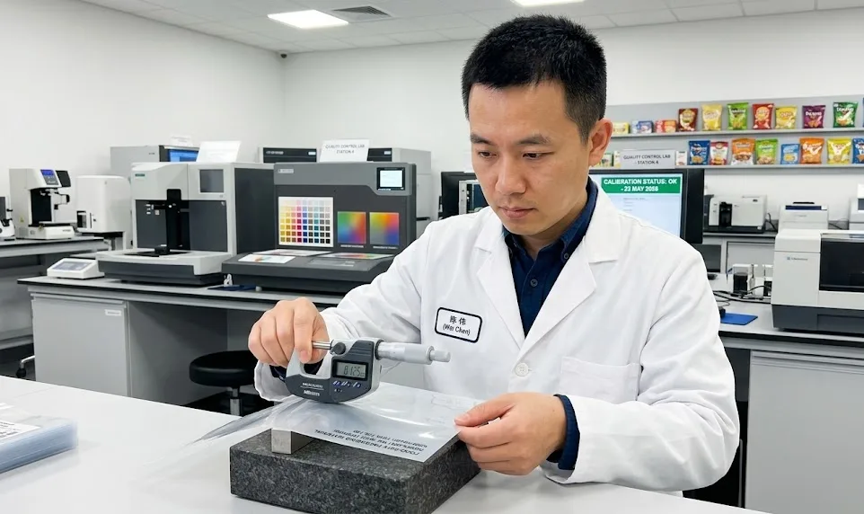 A Focused Chinese Quality Control Technician Checking Food Safe Label Packaging Material Thickness W 1