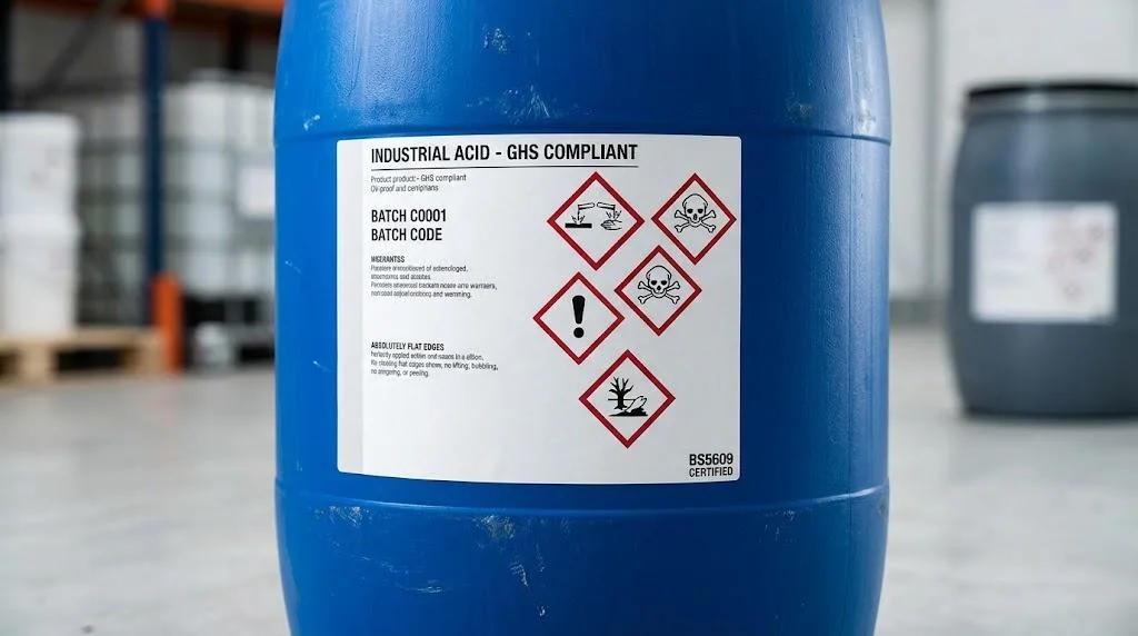 A High Quality Hero Shot Of A Ghs Compliant Chemical Label With Sharp Pictograms Applied To An Industrial Drum.