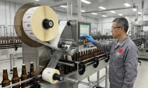 A High Speed Automated Labeling Machine With Custom Roll Labels On A Three Inch Core Feeding Smoothl
