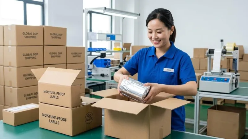 A Professional Chinese Employee Packing Vacuum Sealed Label Rolls Into A Shipping Box For Moisture Proof Logistics.