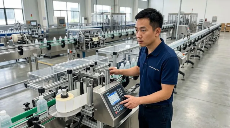 A Professional Chinese Technician Calibrating The Control Panel Of An Automated Labeling System On A Sharp, Clean F