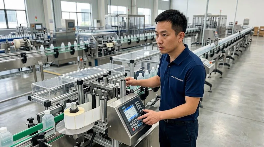 A Professional Chinese Technician Calibrating The Control Panel Of An Automated Labeling System On A Sharp, Clean F