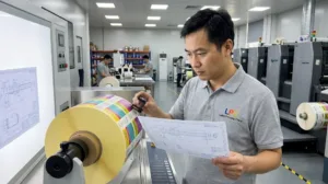 A Skilled Chinese Printing Engineer Carefully Inspecting Die Cut Lines On A Roll Of Custom Labels At A Clean Inspec