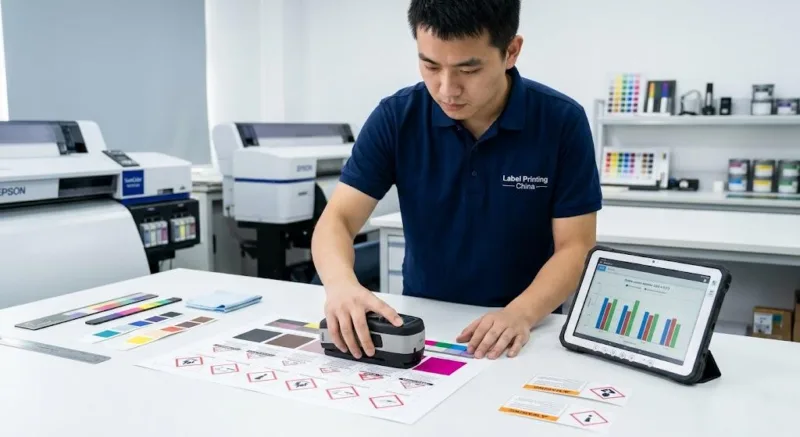 A Skilled Chinese Technician Using A Professional Spectrophotometer To Audit Color Precision On Ghs Compliant Hazard Labels.