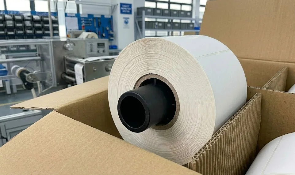 Anti telescoping core plug locked in label roll packaging