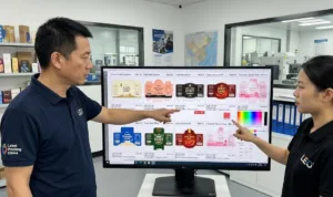 Chinese technical managers reviewing multi SKU packaging designs on monitor
