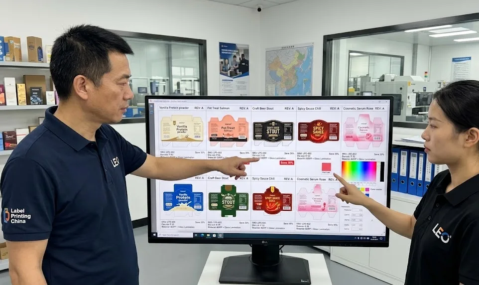 Chinese technical managers reviewing multi SKU packaging designs on monitor