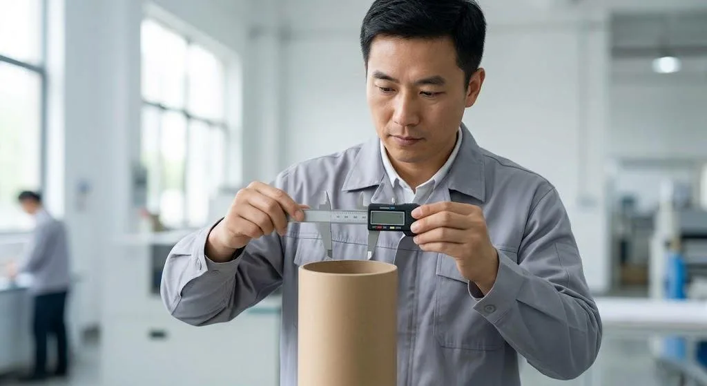 Chinese Technician Measuring Industrial Label Core Diameter With Digital Caliper In Clean Factory.
