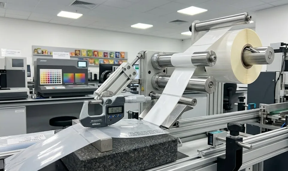 Close Up Of An Automatic Roll To Roll Label Applicator Machine Feeding Food Safe Packaging Film Labe 1