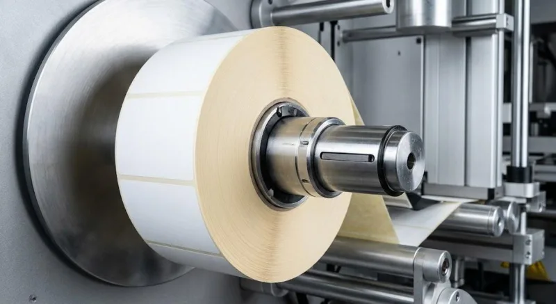 Close Up Of Industrial Label Roll Being Mounted On Automated Labeling Machine Air Expanding Shaft.