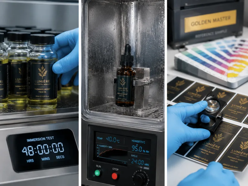 Cosmetic Label Undergoing 48 Hour Chemical And Adhesion Test