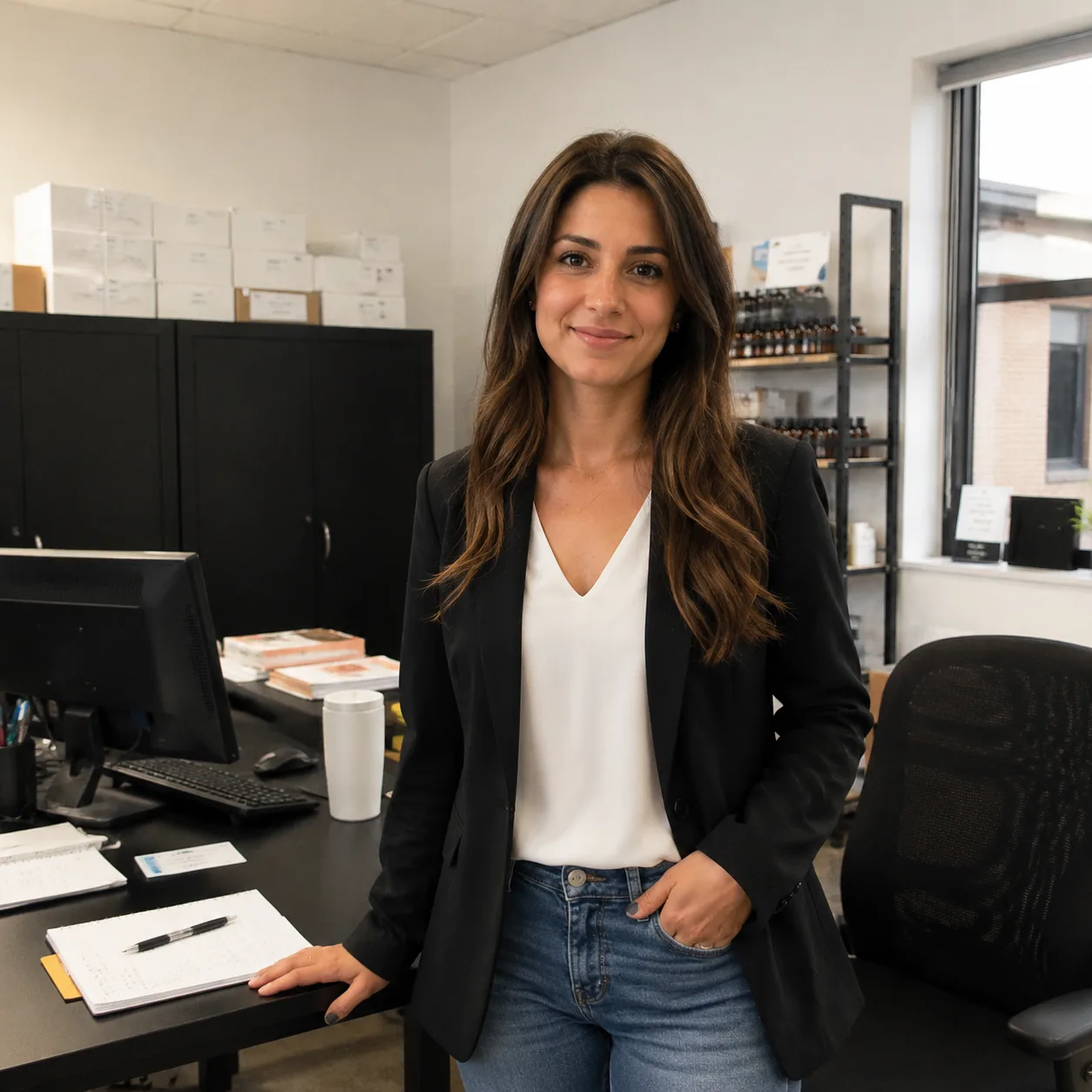 Female Ceo Standing In Modern Office Environment Confidently
