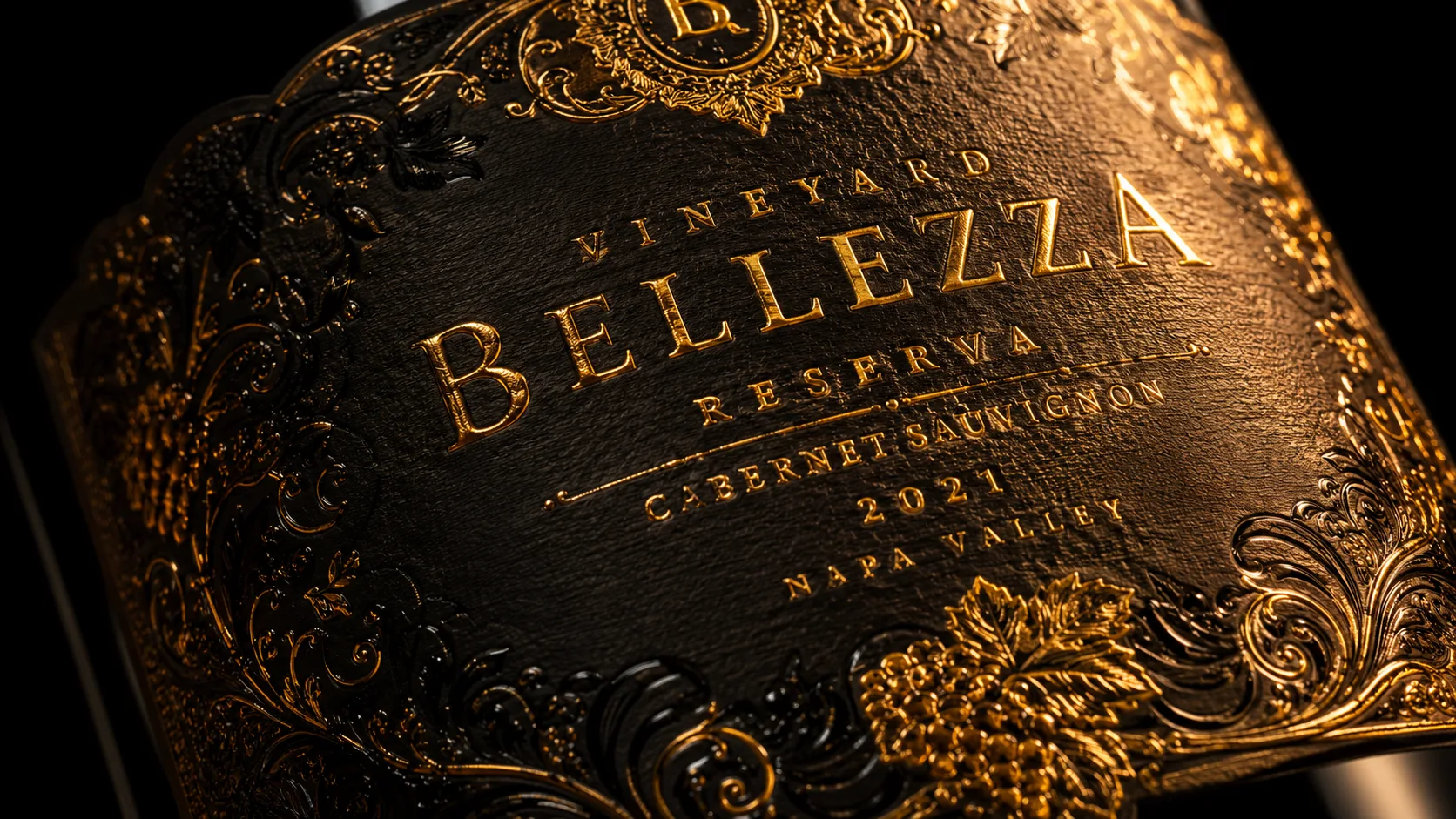 Hot foil stamped gold lettering on premium custom wine label with embossed texture and spot UV accents