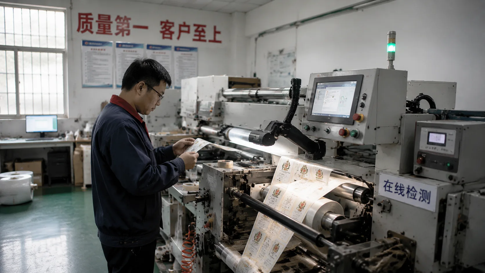 ISO 9001 certified label factory production line with inline optical inspection systems and quality audit in progress