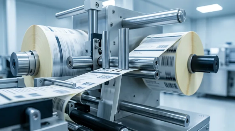 Macro Close Up Of High Speed Industrial Labeling Machine Showing Precision Die Cut Labels And Roll Tension.