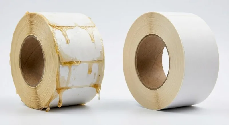 Macro Comparison Of Label Roll With Adhesive Bleeding Versus A Perfect Machine Ready Industrial Roll.