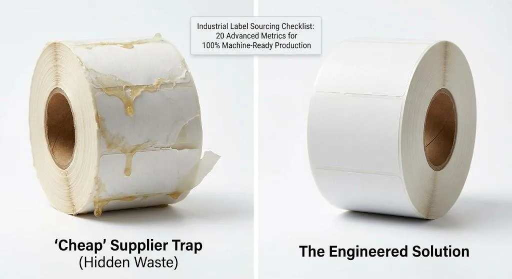 Macro Side By Side Comparison Of Defective Industrial Label With Adhesive Bleeding Versus Precision Machine Ready Label.