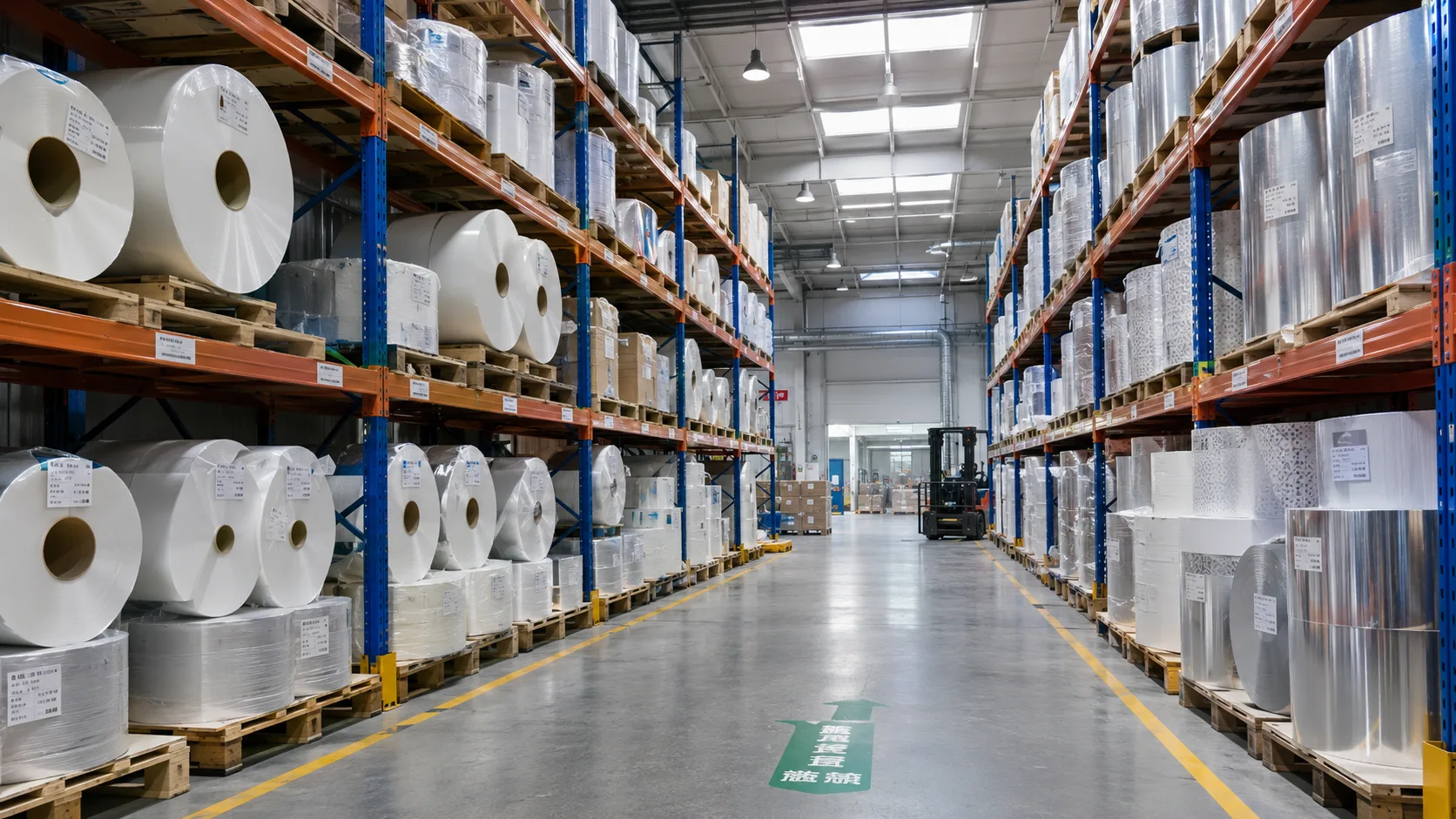 Organized warehouse inventory of custom label material rolls in BOPP paper and metallic finishes on metal shelving