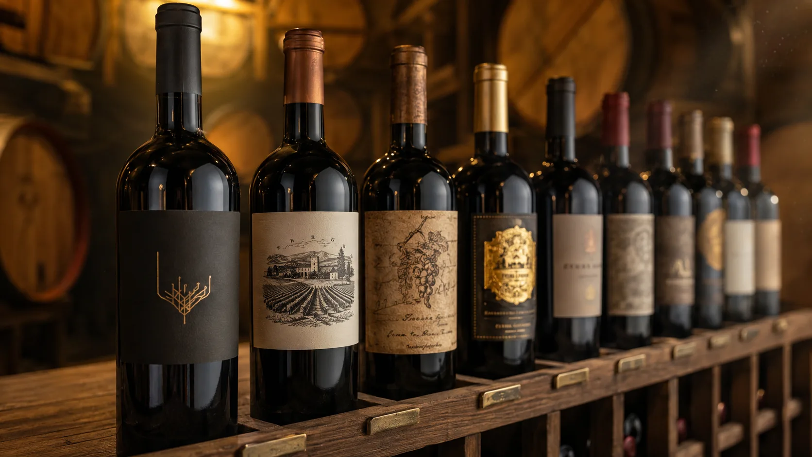 Private label custom wine bottles with diverse label designs displayed on premium wooden cellar rack