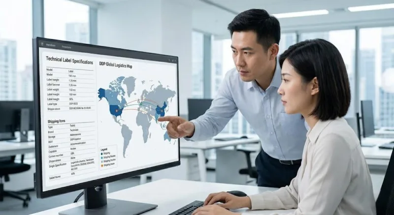 Professional Management Team Reviewing Label Technical Specifications And Global Logistics Plan On Screen.