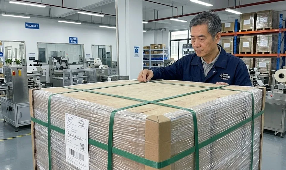 Project manager inspecting pallet armor packaging system before shipping