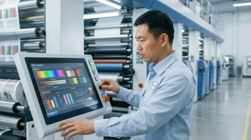 Senior Chinese Engineer Calibrating A High Speed Printing Press On A Clean Industrial Factory Floor.