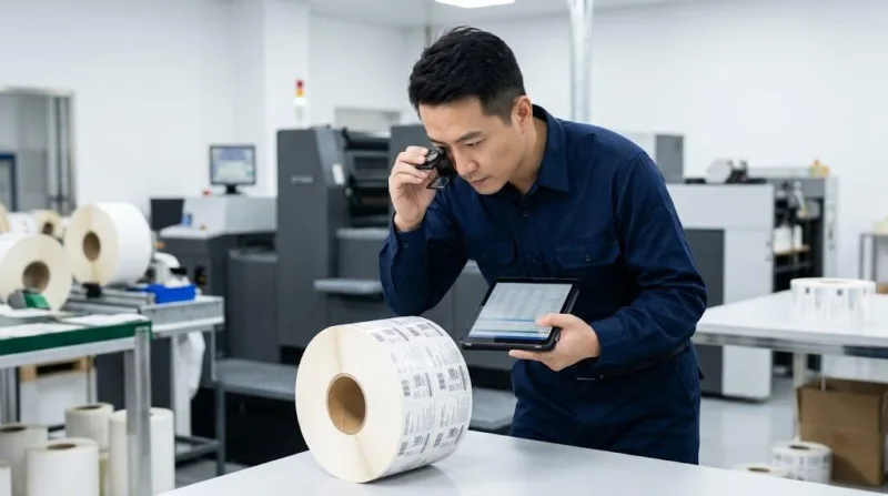 Skilled Chinese Printing Engineer Using A Magnifying Loupe To Inspect Custom Label Quality In A Modern Factory.