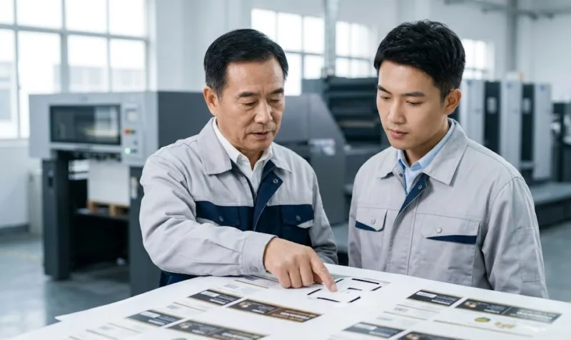 Skilled Chinese Printing Master And Project Manager Reviewing Premium Custom Sheet Labels In A Clean