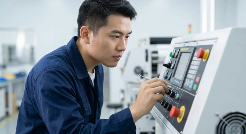 Skilled Technician Tuning High Speed Label Die Cutting Machine For Precision Tolerance In Clean Factory.