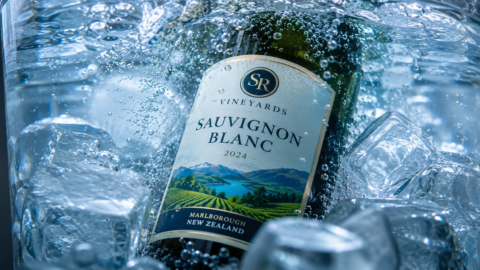 Waterproof BOPP custom wine label fully submerged in ice water remaining perfectly intact and legible